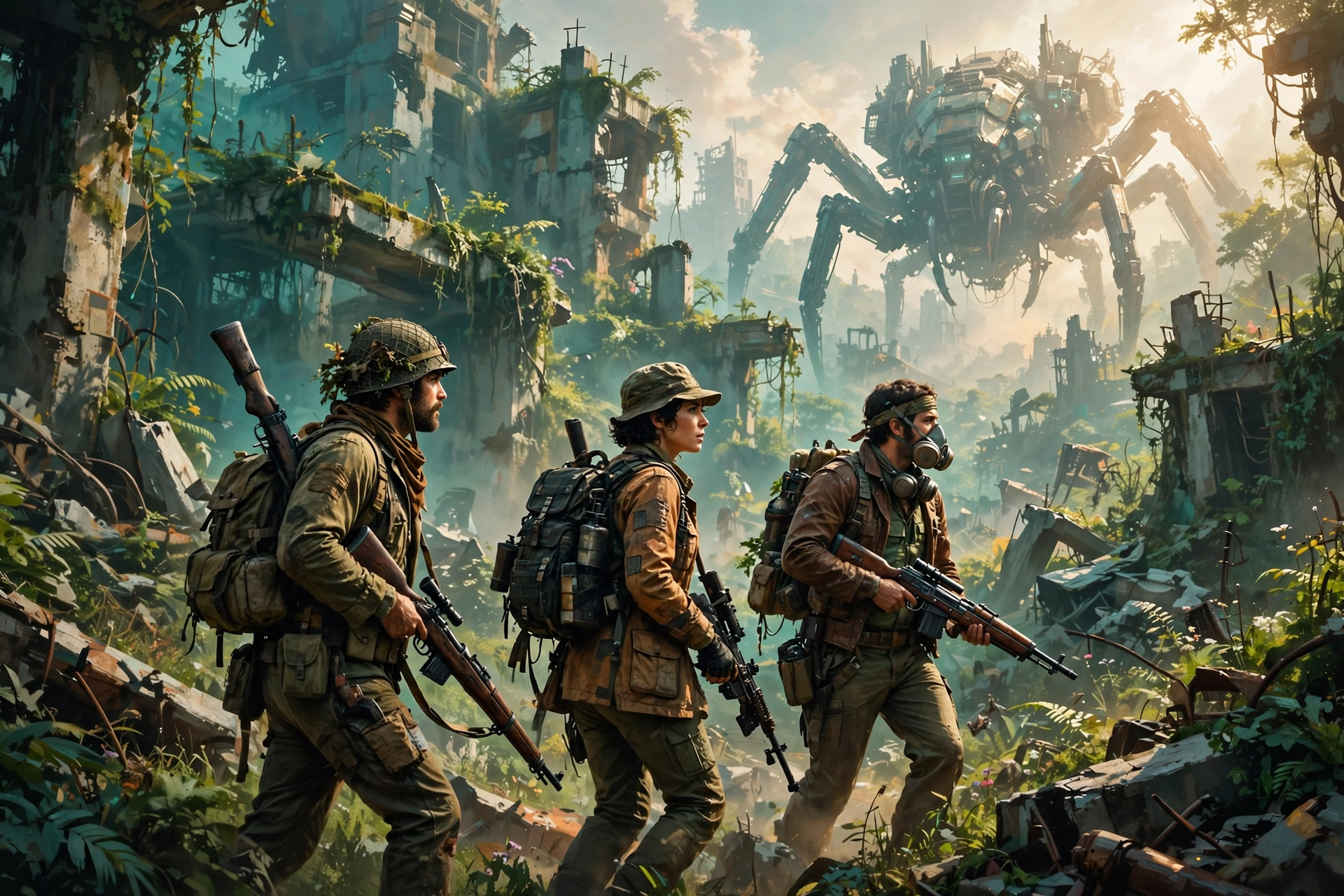 Three raiders in retro scavenger gear cross overgrown ruins as a giant spider-like ARC machine looms behind them