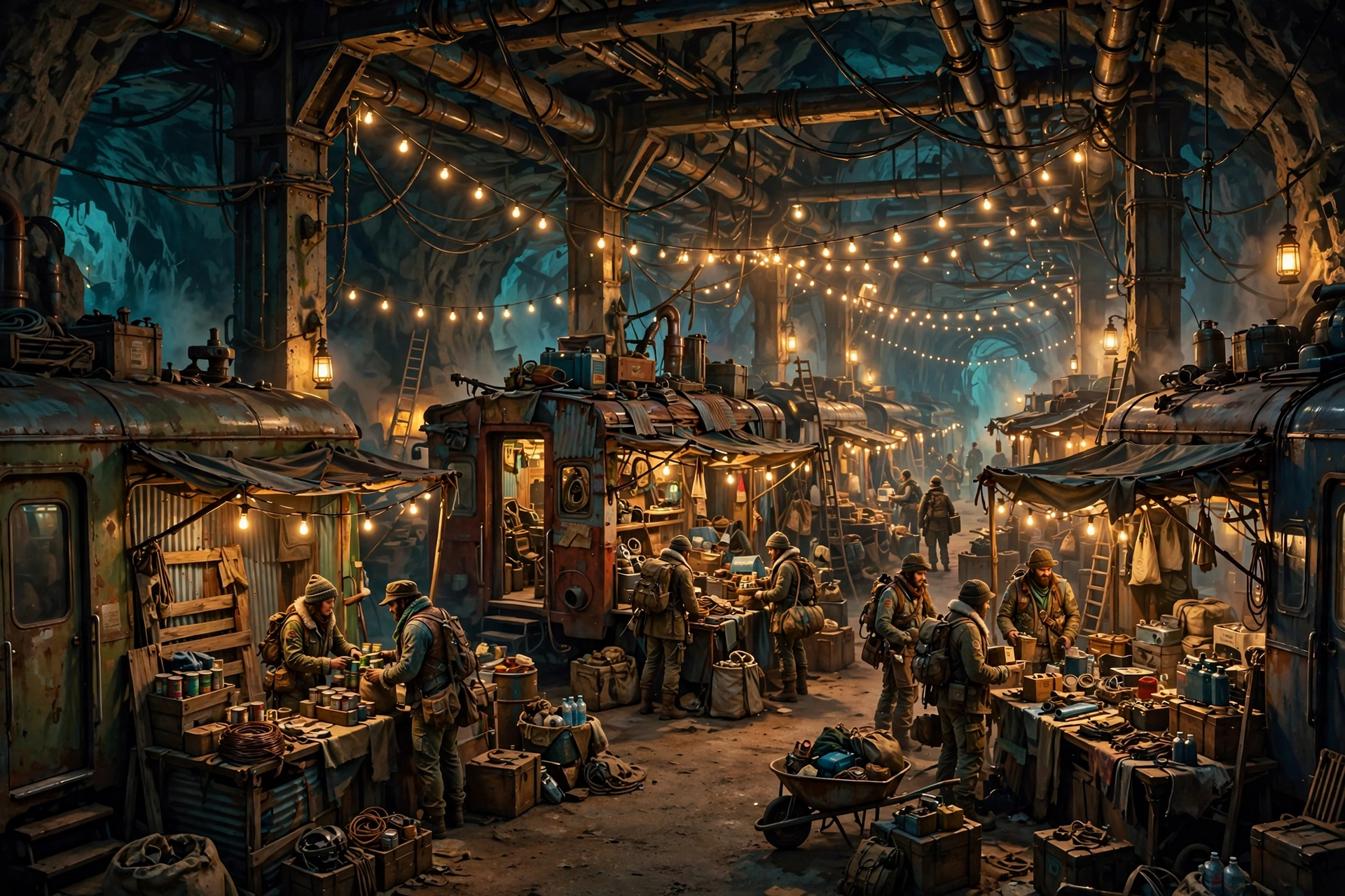 Raiders trade supplies at market stalls built from old train cars inside the underground Speranza hub