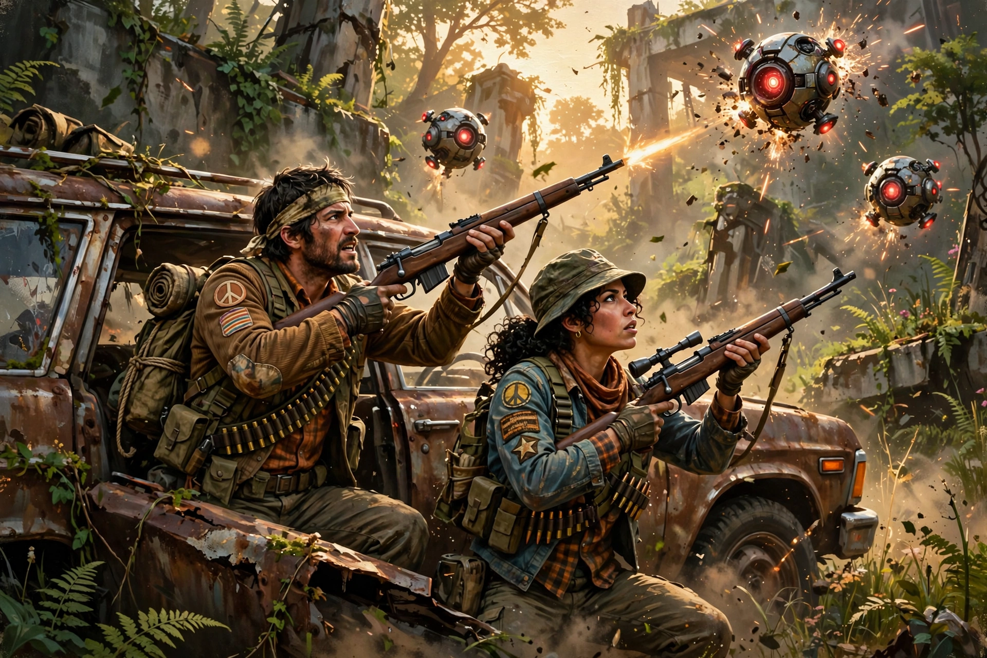 Two raiders take cover behind a rusted vehicle and fire at hovering ARC drones in overgrown ruins
